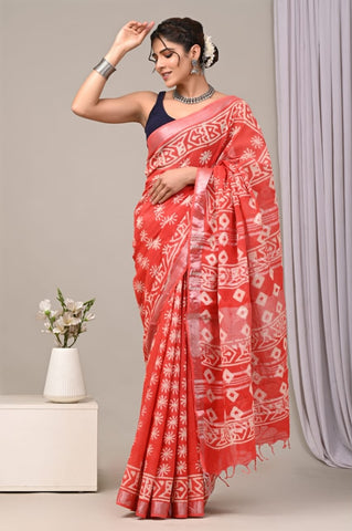 Handblock Printed linen Saree With blouse