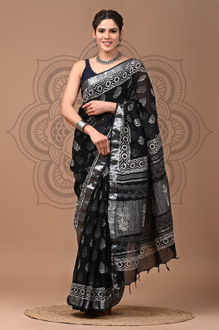 Handblock Printed linen Saree With blouse