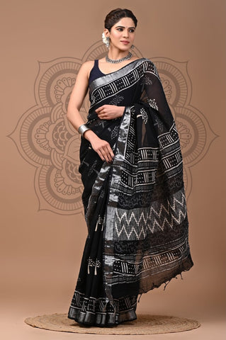 Handblock Printed linen Saree With blouse