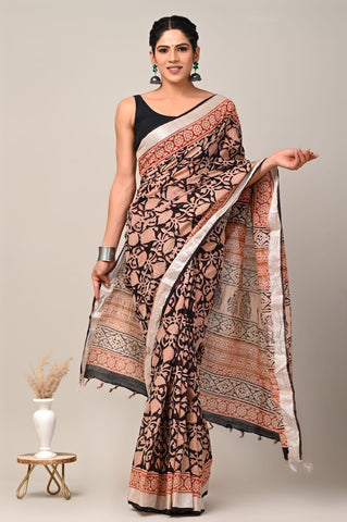Handblock Printed linen Saree With blouse