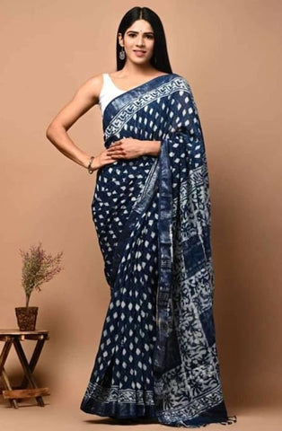 Handblock Printed linen Saree With blouse