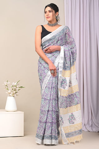 Handblock Printed linen Saree With blouse
