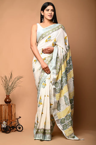 Handblock Printed linen Saree With blouse