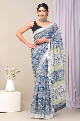 Handblock Printed linen Saree With blouse