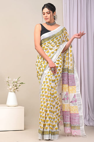 Handblock Printed linen Saree With blouse