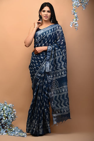 Handblock Printed linen Saree With blouse