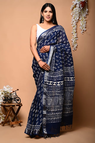 Handblock Printed linen Saree With blouse