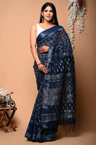 Handblock Printed linen Saree With blouse