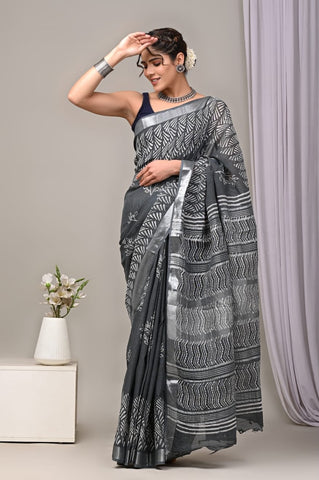 Handblock Printed linen Saree With blouse