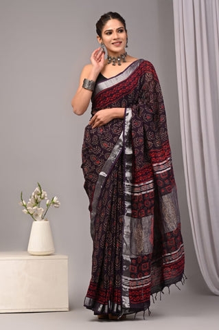 Handblock Printed linen Saree With blouse