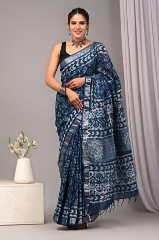 Handblock Printed linen Saree With blouse
