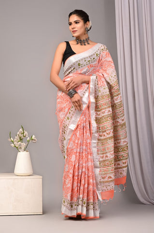 Handblock Printed linen Saree With blouse