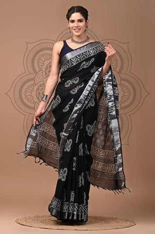 Handblock Printed linen Saree With blouse