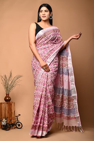 Handblock Printed linen Saree With blouse