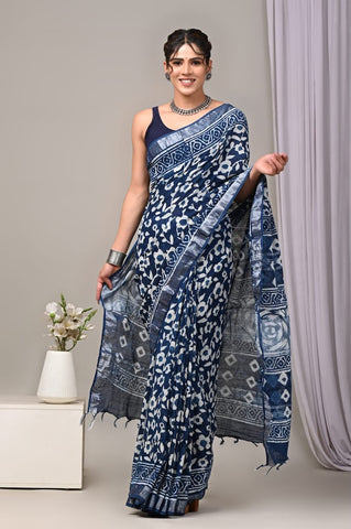 Handblock Printed linen Saree With blouse