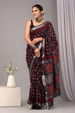 Handblock Printed linen Saree With blouse