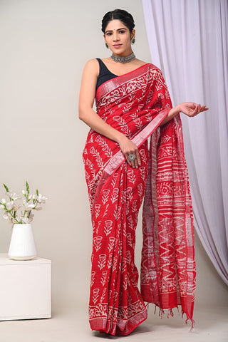 Handblock Printed linen Saree With blouse