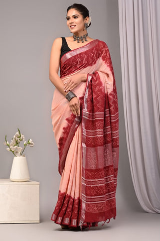 Handblock Printed linen Saree With blouse