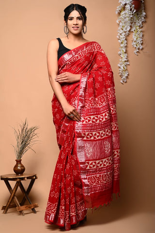 Handblock Printed linen Saree With blouse