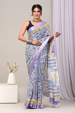 Handblock Printed linen Saree With blouse