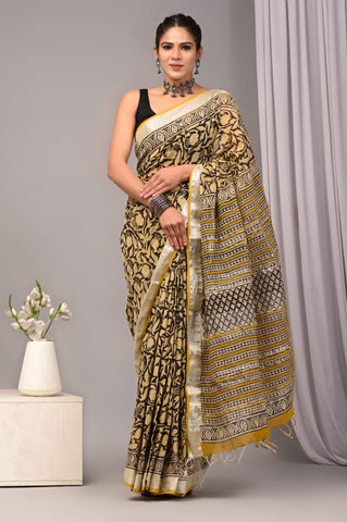Handblock Printed linen Saree With blouse