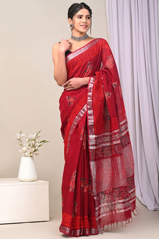 Handblock Printed linen Saree With blouse