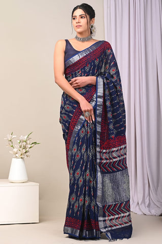 Handblock Printed linen Saree With blouse