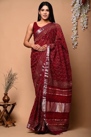 Handblock Printed linen Saree With blouse