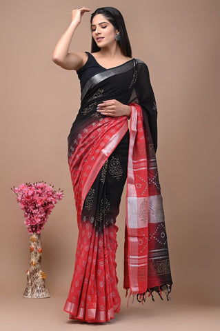 Handblock Printed linen Saree With blouse