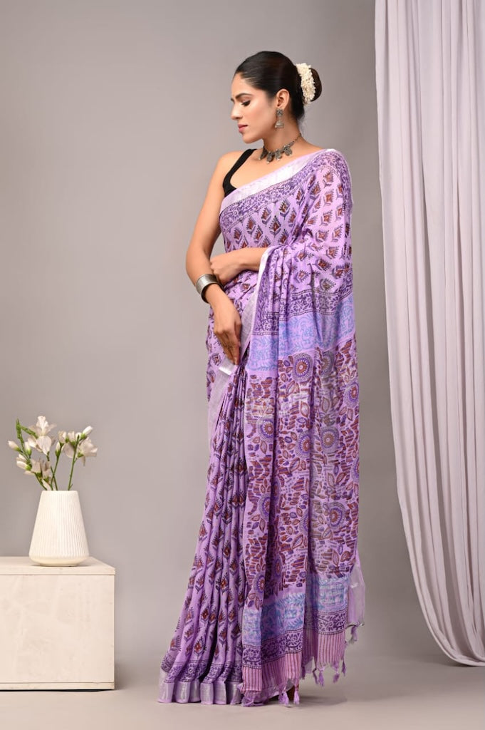 Handblock Printed linen Saree With blouse