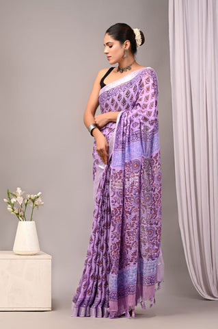 Handblock Printed linen Saree With blouse