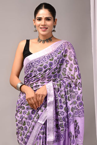 Handblock Printed linen Saree With blouse