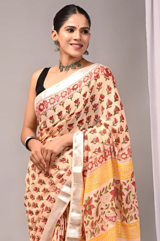 Handblock Printed linen Saree With blouse