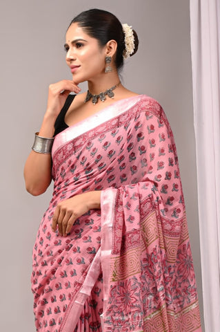 Handblock Printed linen Saree With blouse