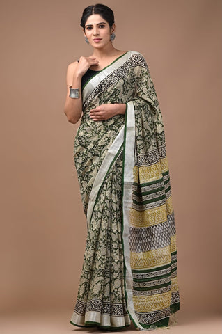 Handblock Printed linen Saree With blouse