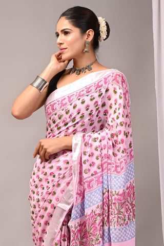 Handblock Printed linen Saree With blouse