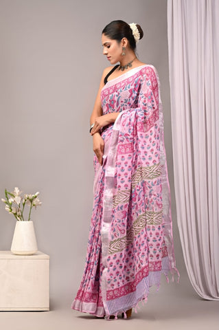 Handblock Printed linen Saree With blouse