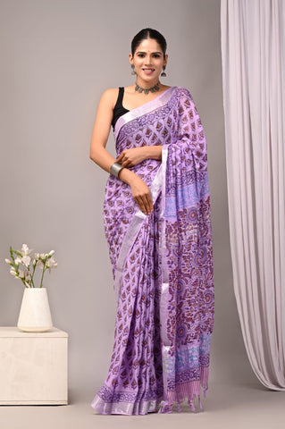 Handblock Printed linen Saree With blouse