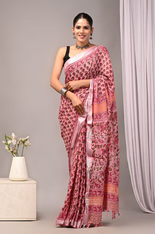 Handblock Printed linen Saree With blouse