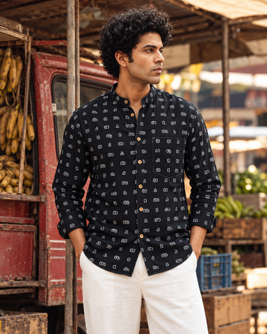 Full Sleeve Cotton Malayalam Alphabet Print Classic Organic Shirt - SQ
