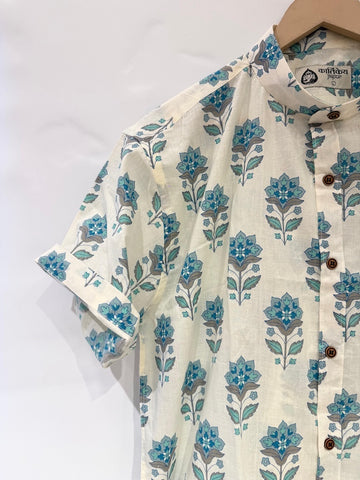 Floral Print Half Sleeve Mandarin Collar Cotton Shirt for Men