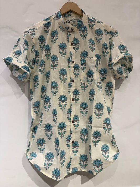 Floral Print Half Sleeve Mandarin Collar Cotton Shirt for Men