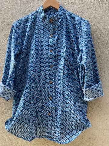 Indigo Print Mandarin Collar Cotton Shirt for Men