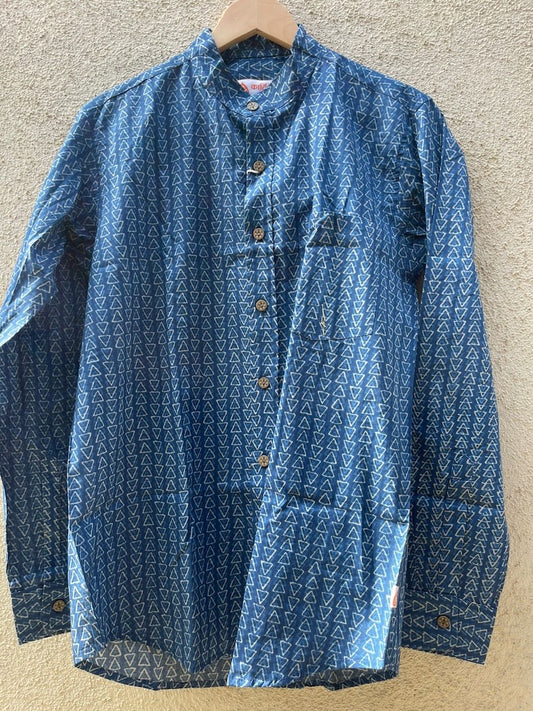 Indigo Print Mandarin Collar Cotton Shirt for Men