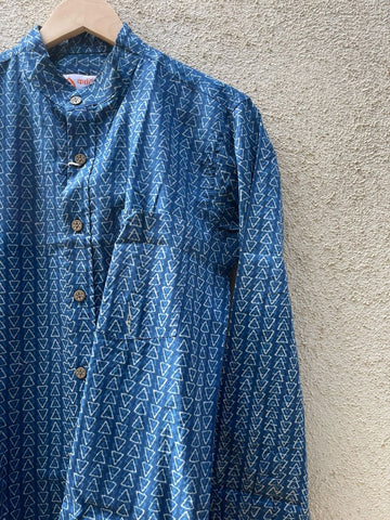 Indigo Print Mandarin Collar Cotton Shirt for Men