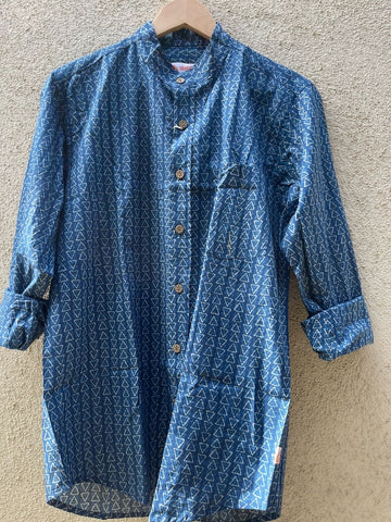 Indigo Print Mandarin Collar Cotton Shirt for Men