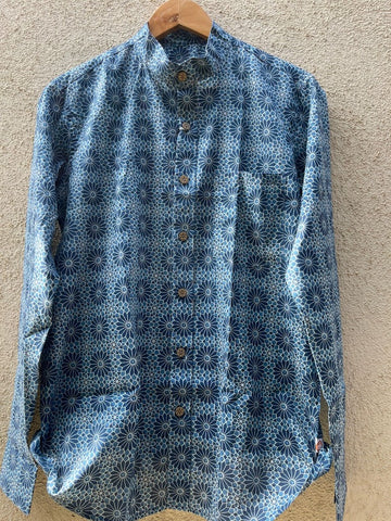 Indigo Print Mandarin Collar Cotton Shirt for Men
