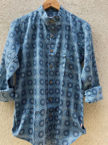 Indigo Print Mandarin Collar Cotton Shirt for Men
