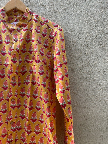 Floral Print Mandarain Collar Cotton Shirt for Men