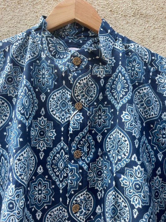 Indigo Print Mandarin Collar Cotton Shirt for Men